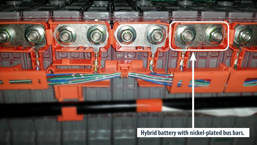 Hybrid battery with nickel-plated bus bars.