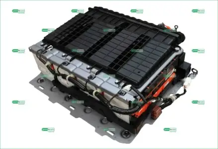 Automotive battery module with black plastic cover and multiple wiring harnesses exposed