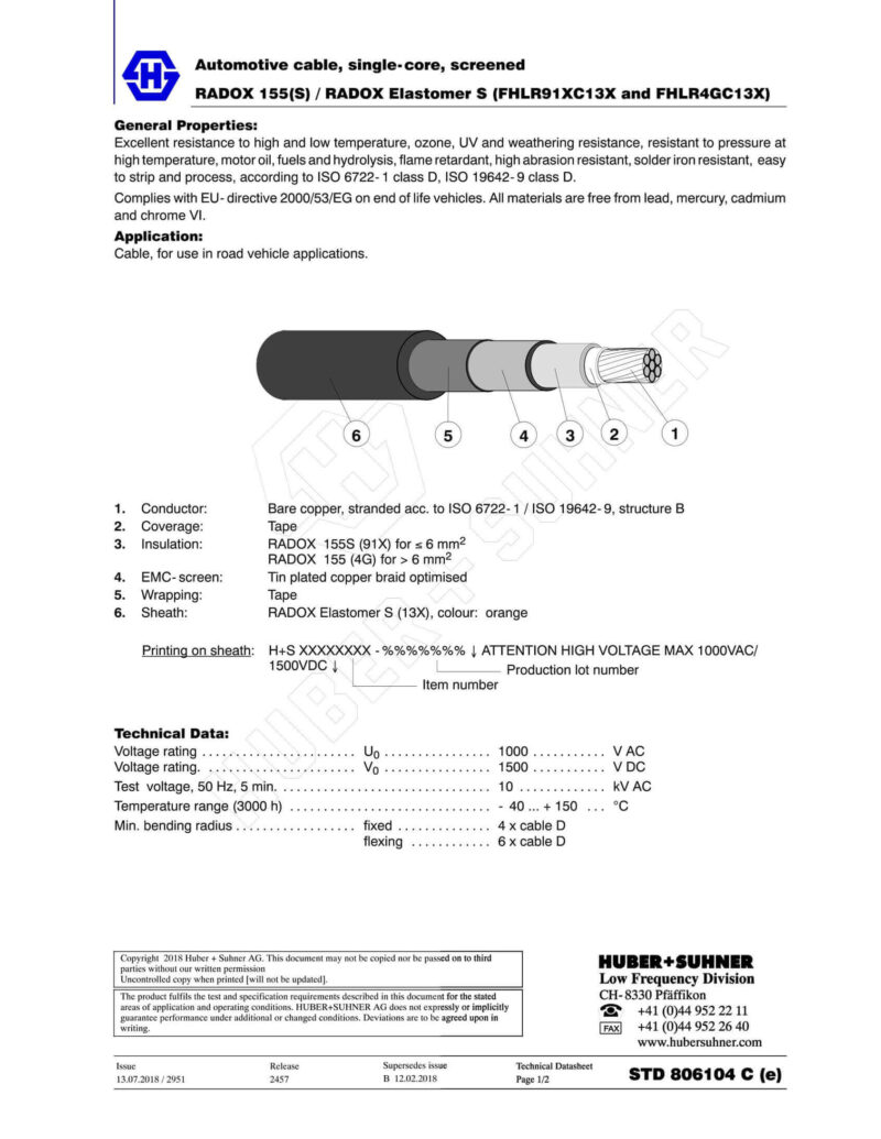 Automotive cable single-core screened RADOX 155(S) Elastomer S