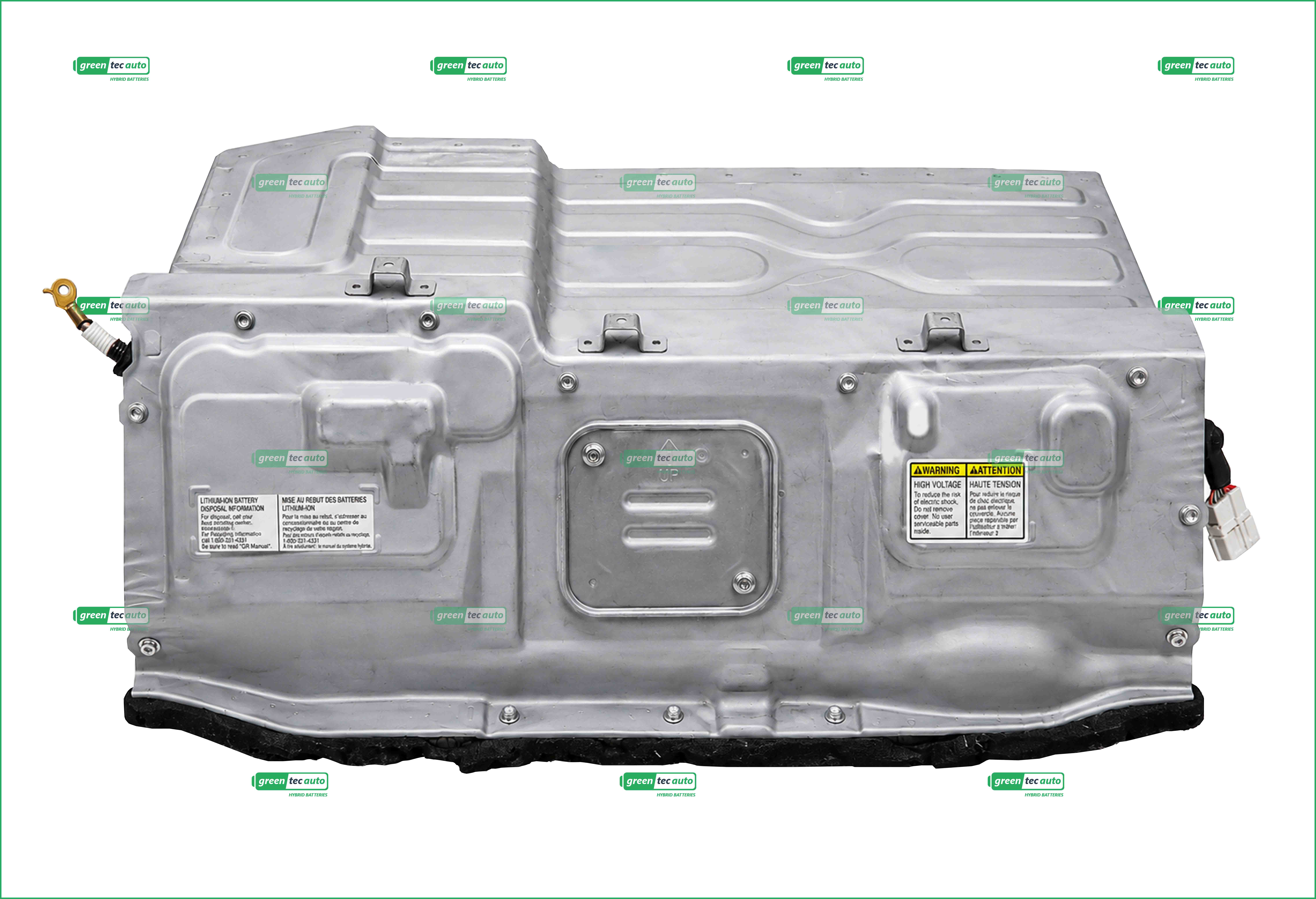 Large silver automotive battery pack with mounting points, lugs, and warning labels visible on the surface