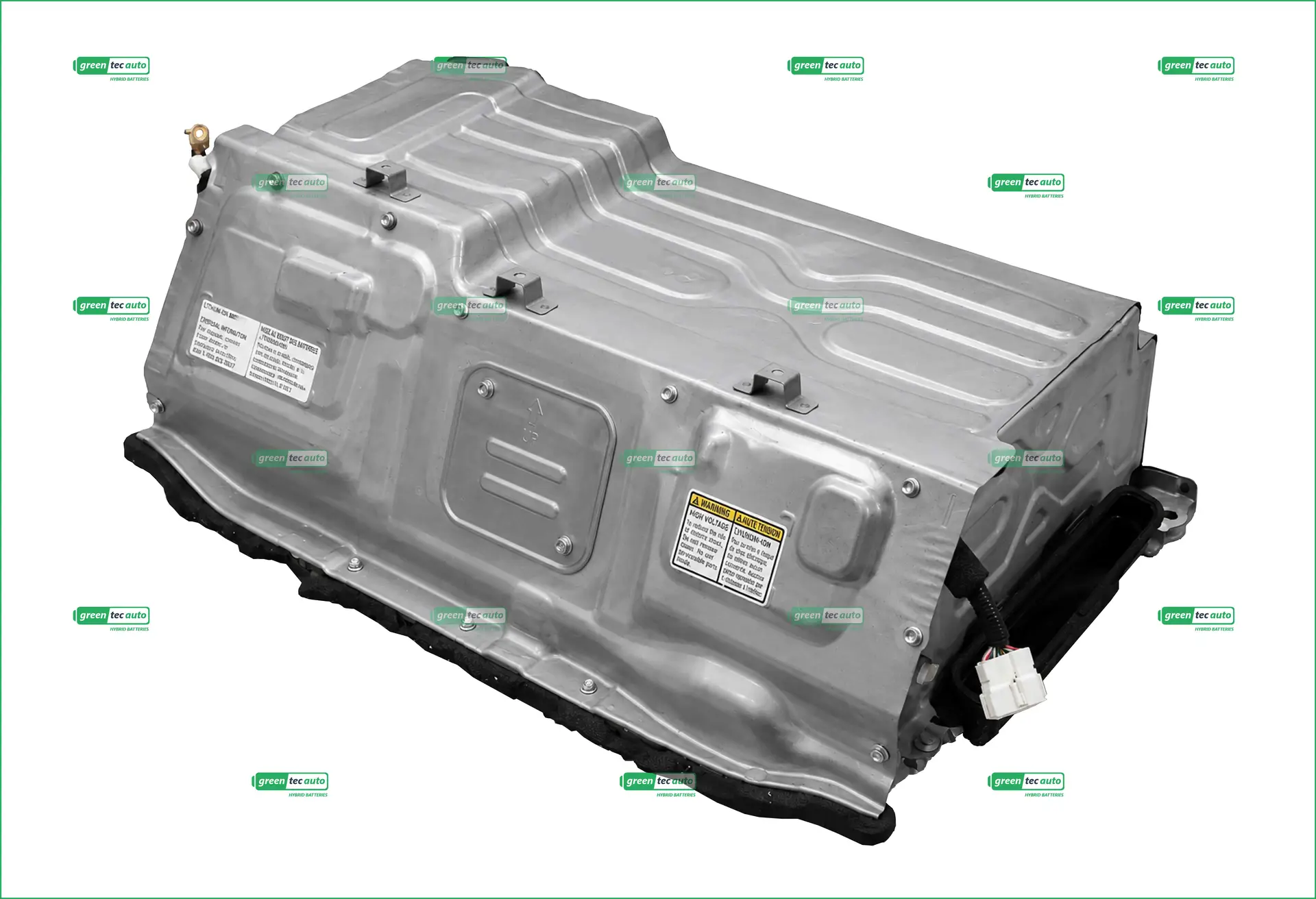 Large silver automotive battery pack with molded cooling channels and a white connector visible at the bottom edge