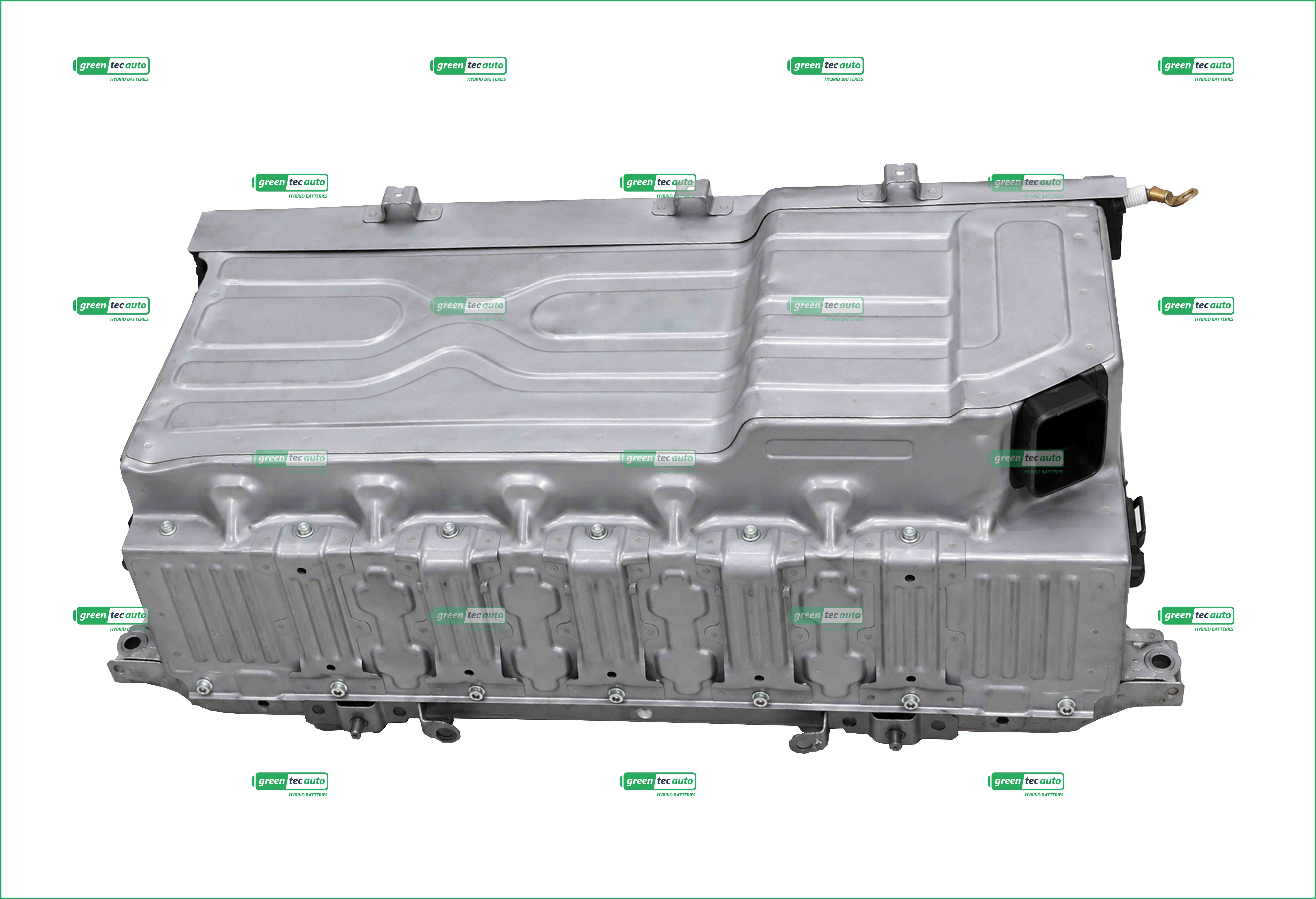 Large automotive battery module with metal casing and mounting points, branded with Green Tec Auto logos (watermarks).