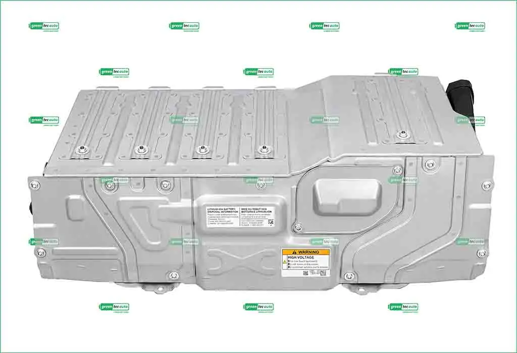 Large gray EV battery pack with top cooling plates, bolts, and a safety warning label on the side.