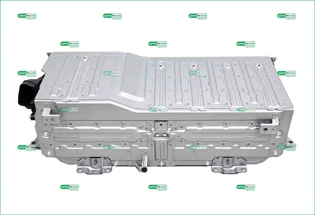 Electric vehicle battery pack module with a metallic casing viewed from the side in a white background.