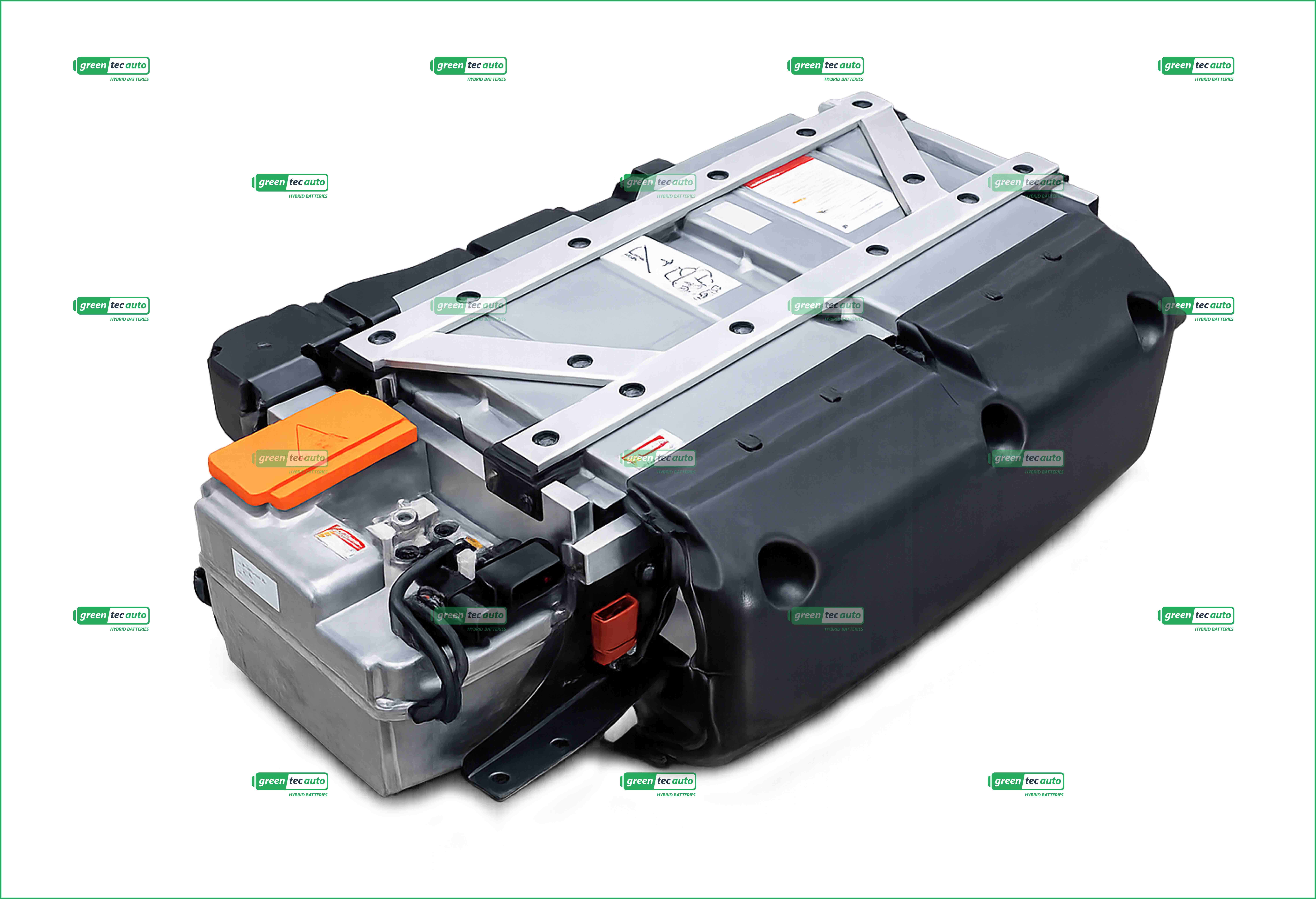 Close-up of a gray automotive battery with metal frame, orange terminal cover, on a white background.