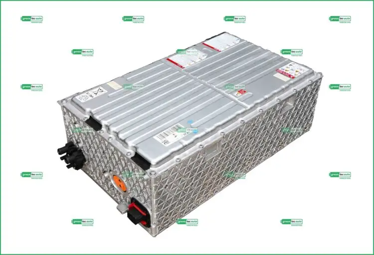 Angled view of a large metal EV battery pack with a diamond lattice casing and connection terminals at one end