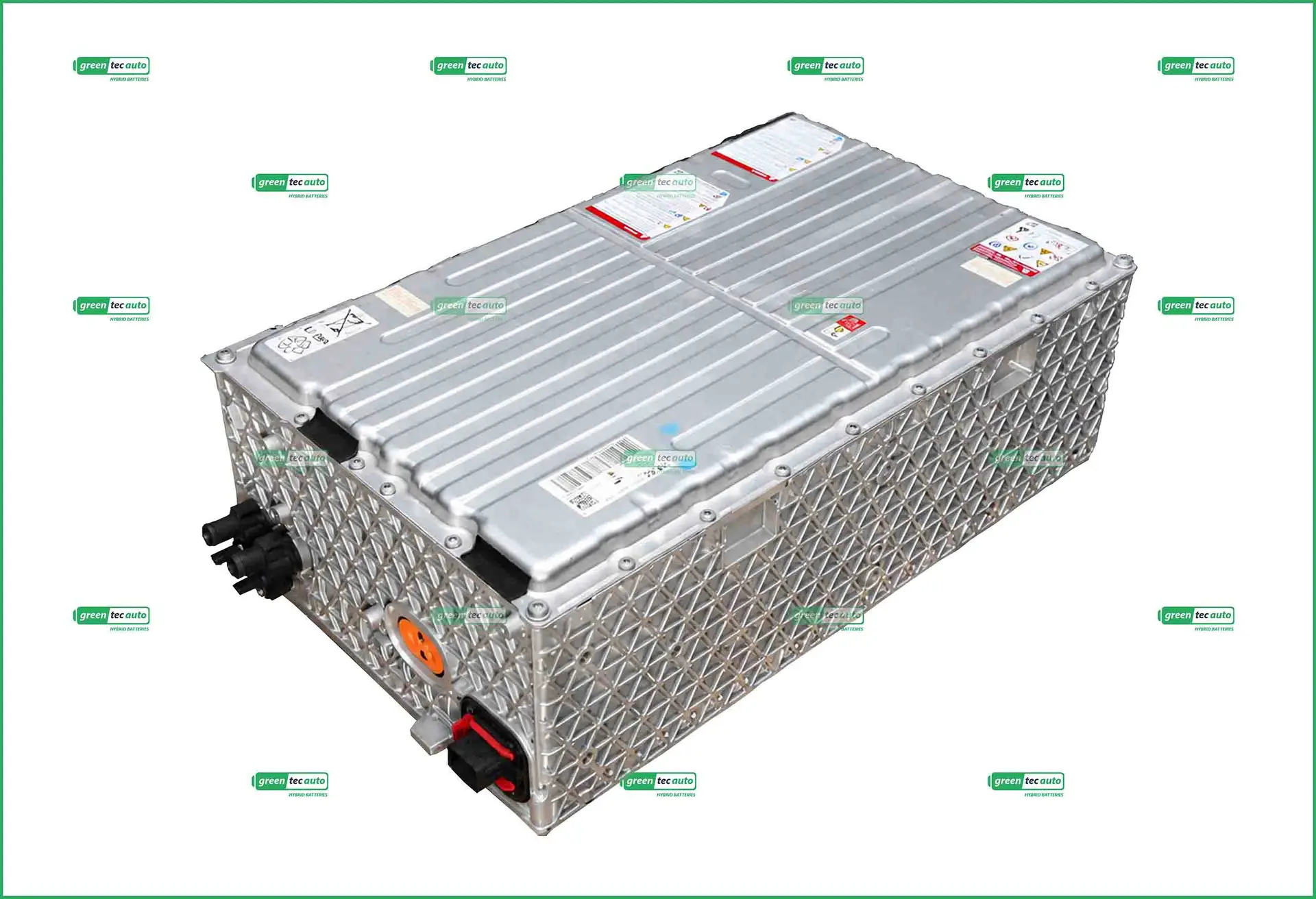 Angled view of a large metal EV battery pack with a diamond lattice casing and connection terminals at one end
