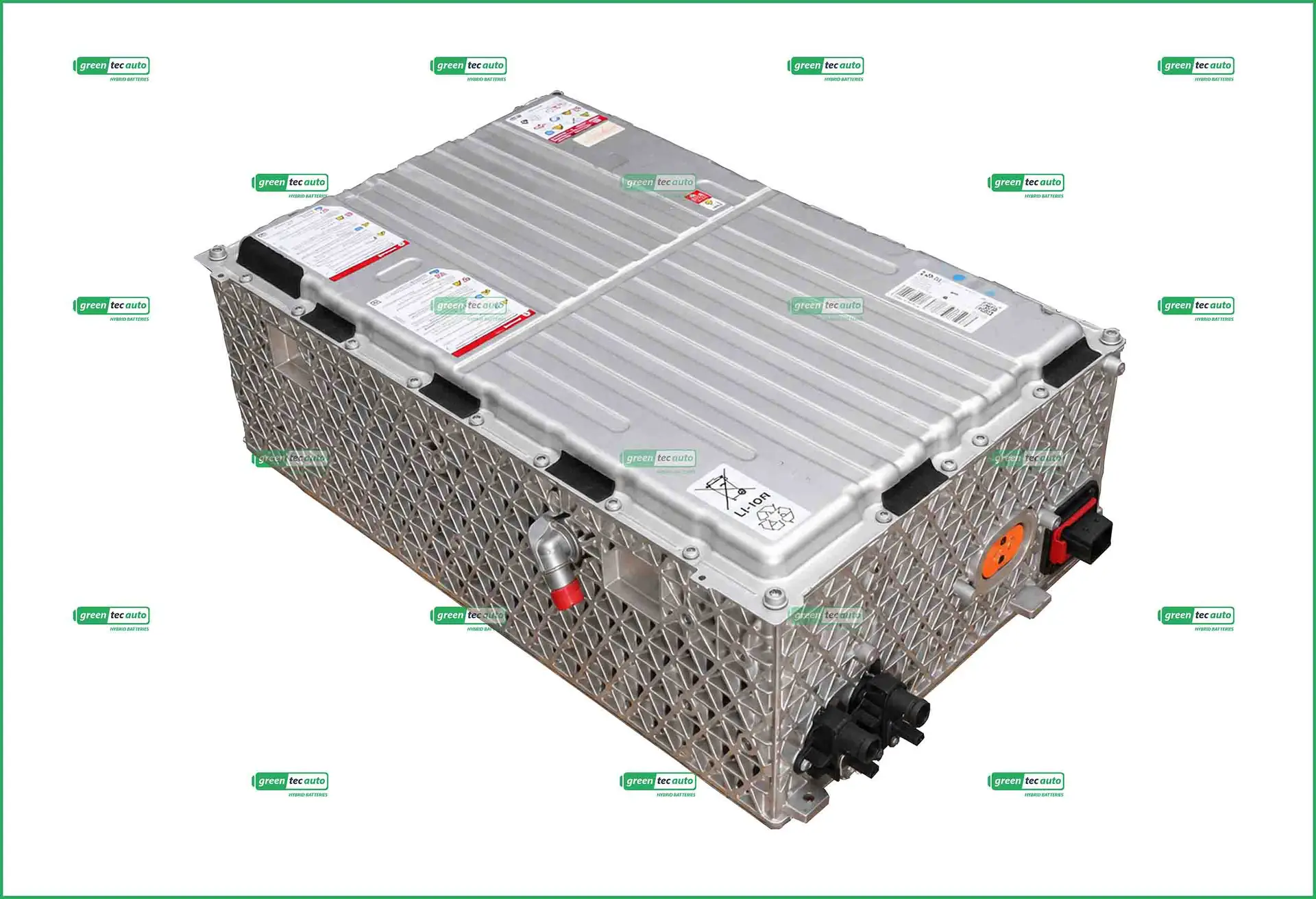 Industrial automotive battery module with ribbed metal casing and lattice frame, branded with Green Tec Auto logos all around.