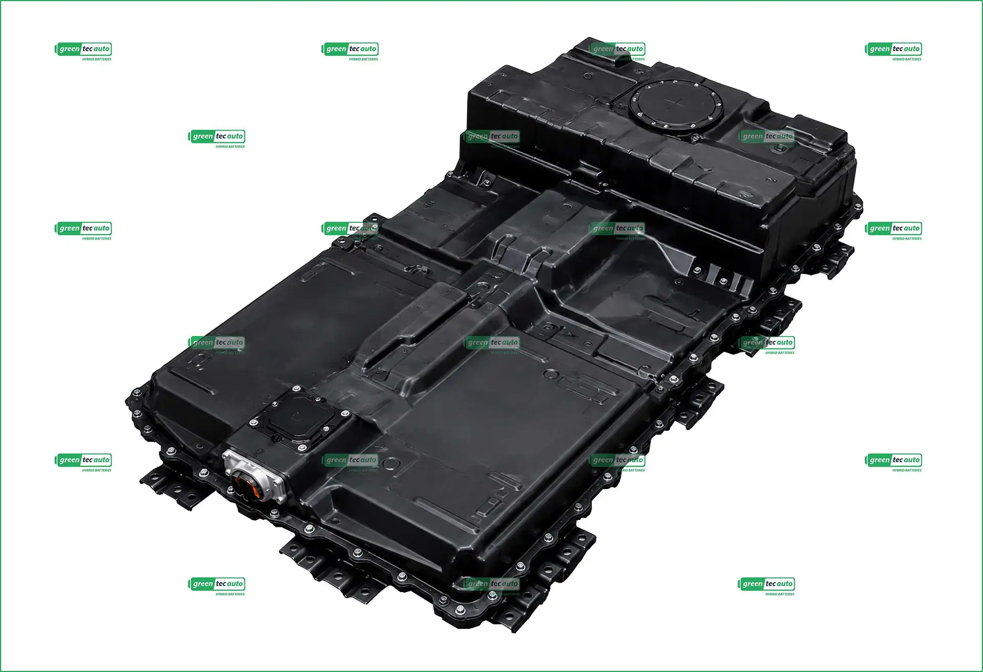 Large black automotive battery pack with modular sections and visible bolts, viewed at an angle