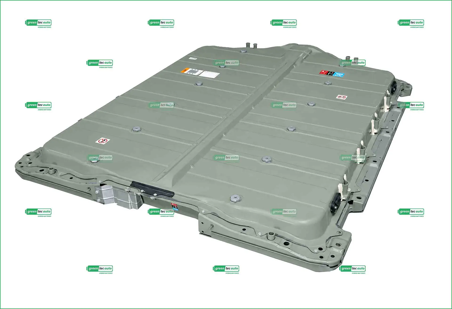 Photograph of a large gray automotive battery pack (EV/Hybrid) shown from above on a white background, with visible bolts and modules across its surface as a compact energy storage unit.