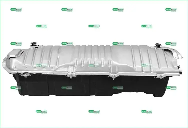 Automotive fuel tank assembly with a silver top and black underside shown against a white background.