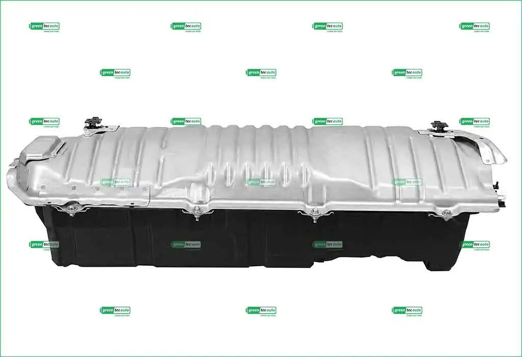 Automotive fuel tank assembly with a silver top and black underside shown against a white background.