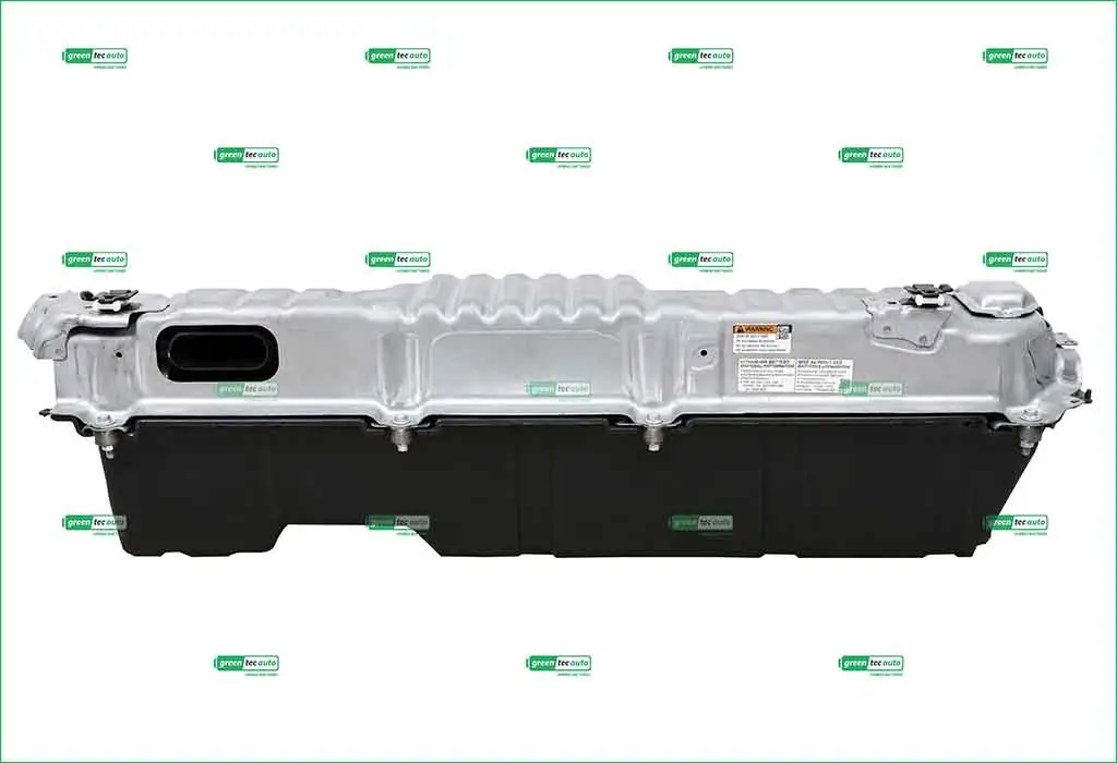 Automotive fuel tank module with aluminum top and black plastic bottom shell, shown in side view