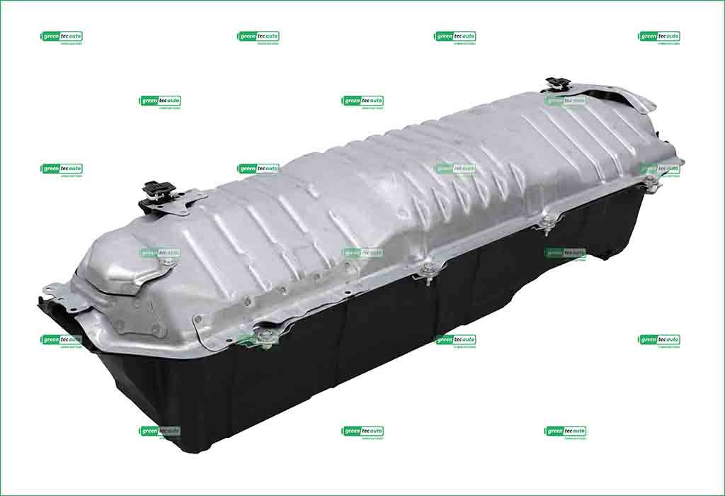 Automotive fuel tank assembly for a vehicle, shown from the side with a metal top and black bottom.