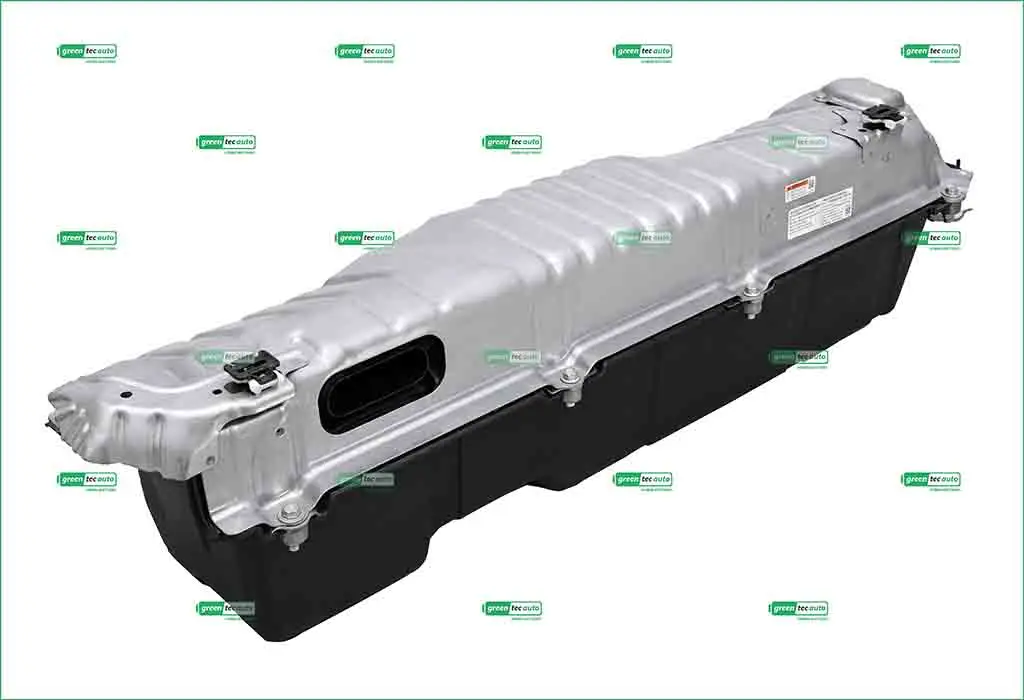 Metal automobile fuel tank with black bottom, shown isolated with filler opening and mounting points on a white background.
