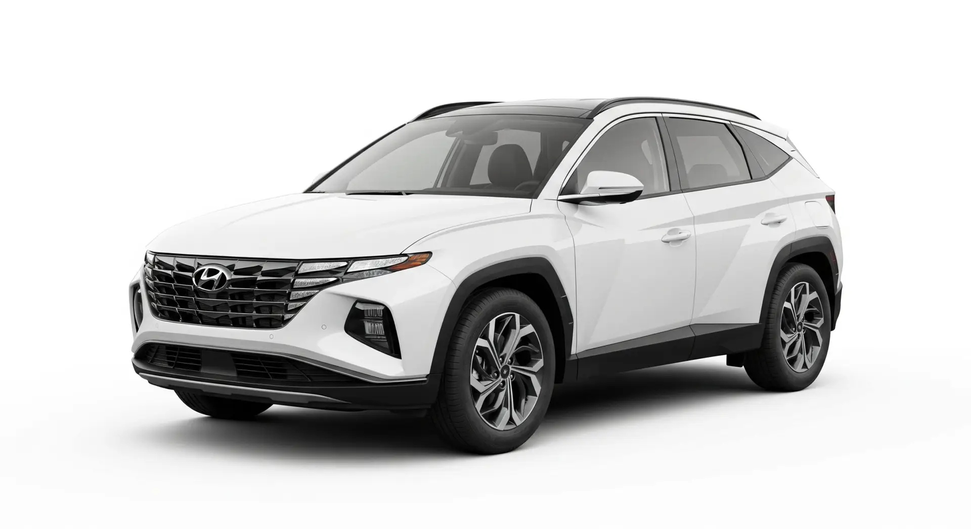 White Hyundai SUV shown from a three-quarter front angle, highlighting the grille and alloy wheels against a white background.