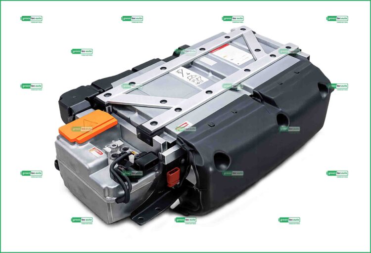 Electric vehicle battery pack with metal mounting rails on top, orange safety cover, and a dark lower casing, photographed against a white background.