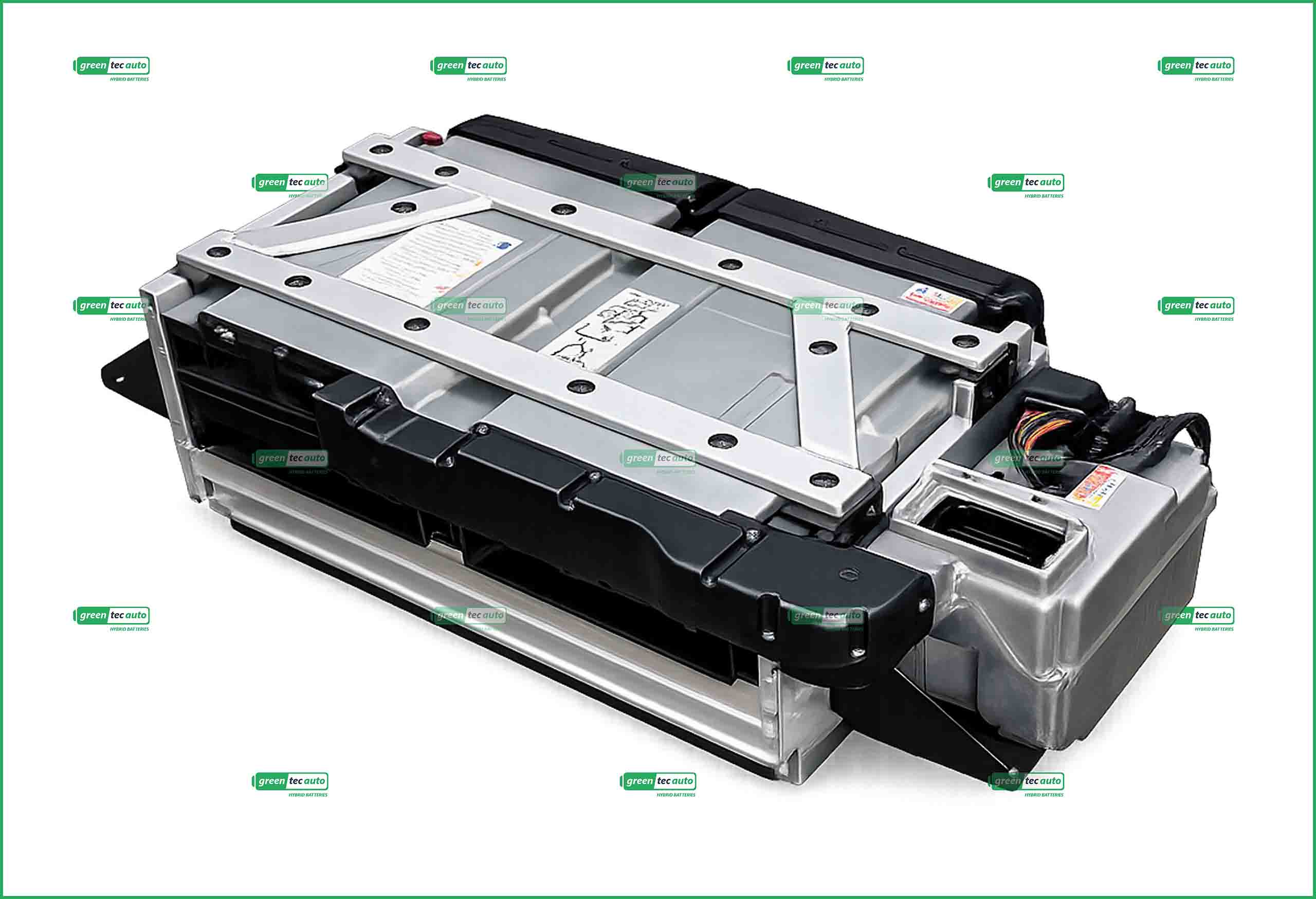 Large automotive battery pack with metal mounting rails and black housing, viewed from above.