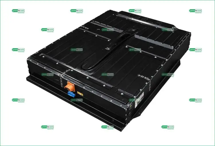 Large black electric vehicle battery pack with orange and blue connectors on the bottom edge.