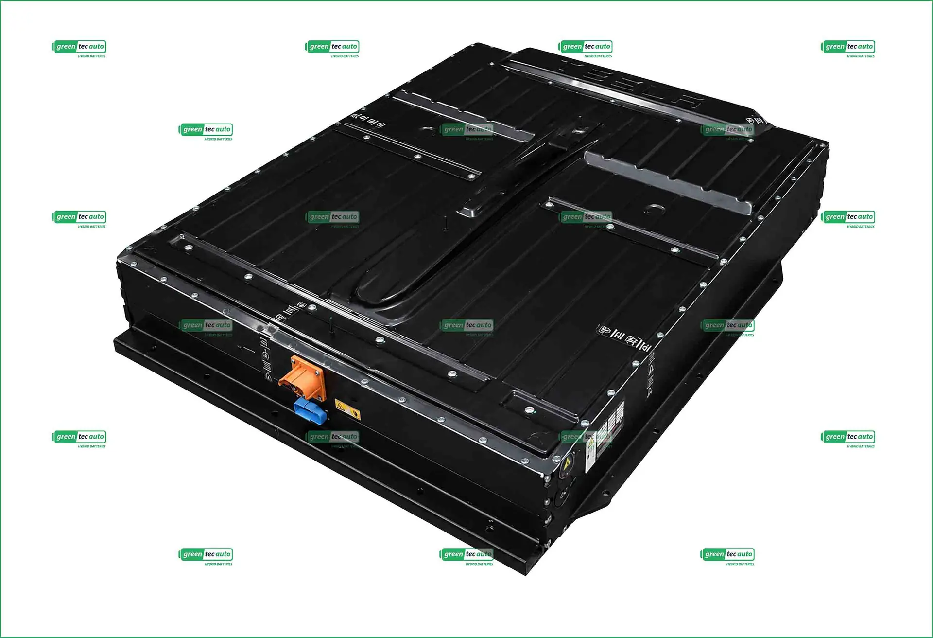 Large black electric vehicle battery pack with orange and blue connectors on the bottom edge.
