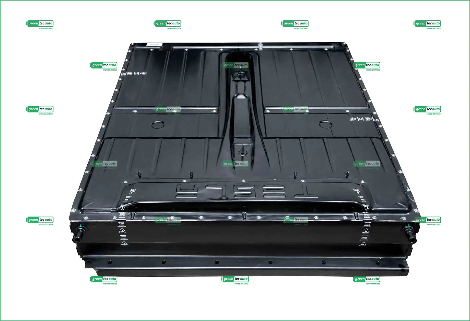 Top view of a large black automotive battery pack with riveted edges, central handle, on a white background with Green Tec Auto logos.
