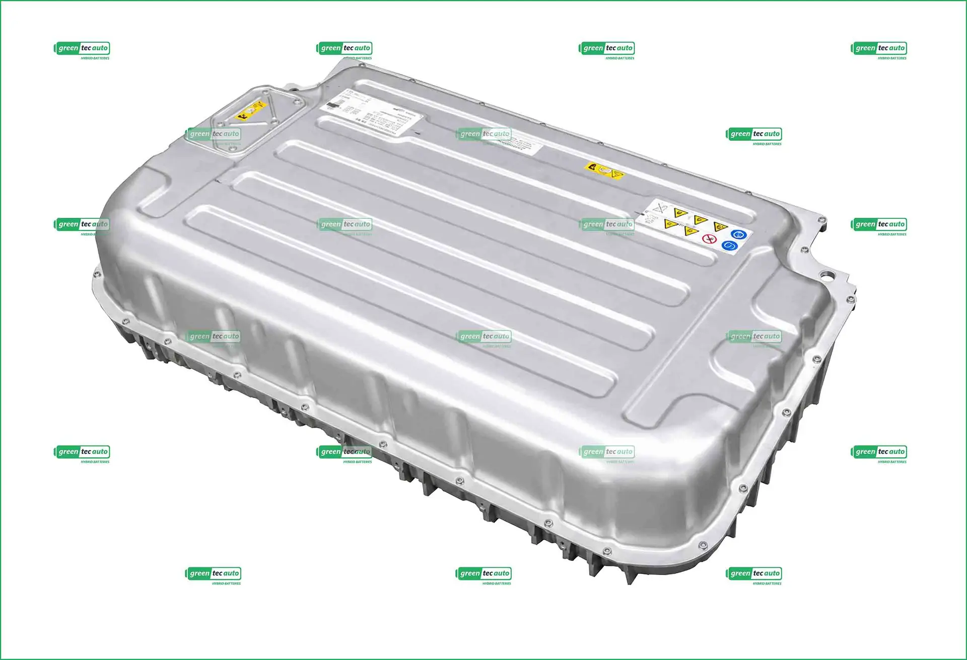 Large silver hybrid vehicle battery pack photographed at an angle with warning labels visible