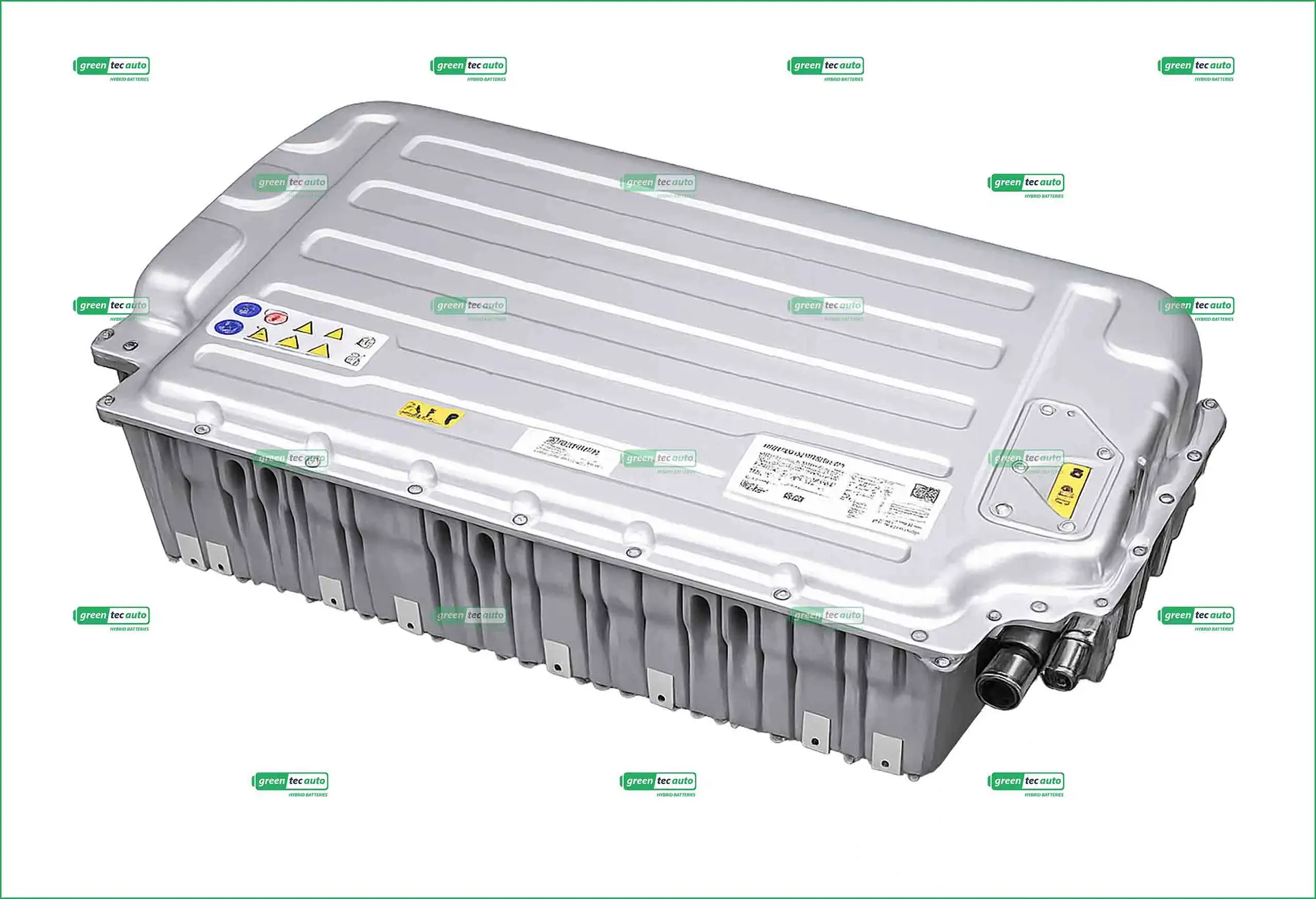 Large silver electric vehicle battery pack with a ribbed top and safety warning labels
