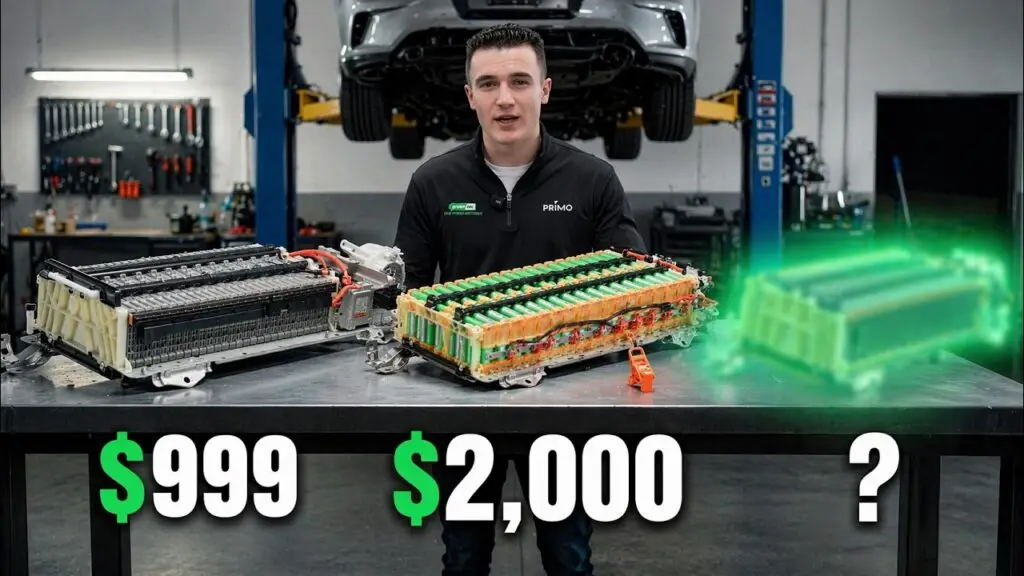Auto shop technician stands behind a table with two large EV battery modules, marked $999 and $2,000, and a glowing green placeholder battery with a question mark—car on lift in background.