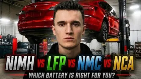 Thumbnail showing a man in a workshop with a red car on a lift, overlaid with 'NIMH vs LFP vs NMC vs NCA' and 'Which battery is right for you?'.