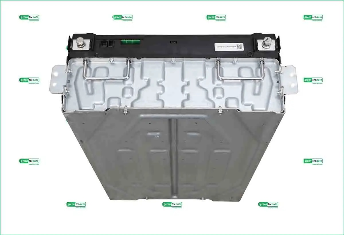 Automotive battery pack with metal housing and black top, viewed from above.