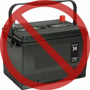 Prohibition sign over a car battery, indicating no car batteries allowed or not to use this battery