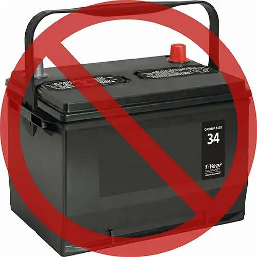 Prohibition sign over a car battery, indicating no car batteries allowed or not to use this battery