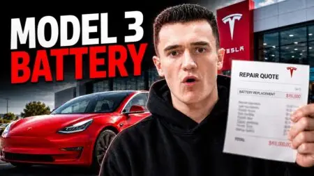 A man in a black hoodie holds a repair quote in front of a red Tesla Model 3 at a Tesla dealership, showing a battery replacement cost.
