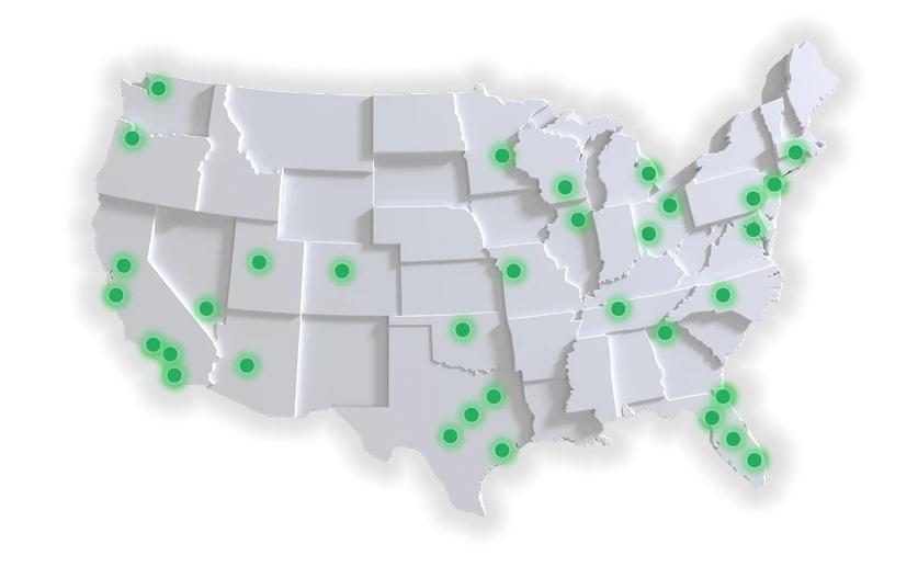 Map of the United States with green pins marking multiple locations across the country.