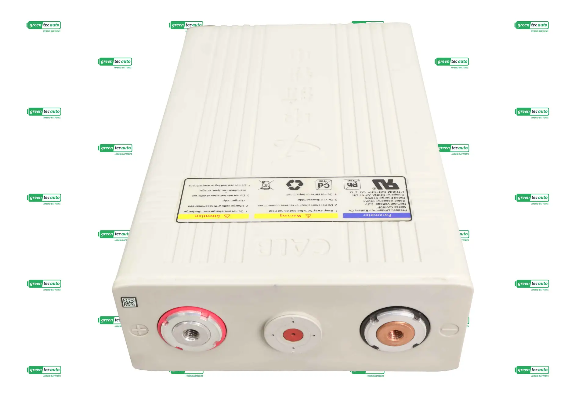 White automotive battery with red positive and copper/black negative terminals visible on the front, background shows repeating GreenTec Auto logos.