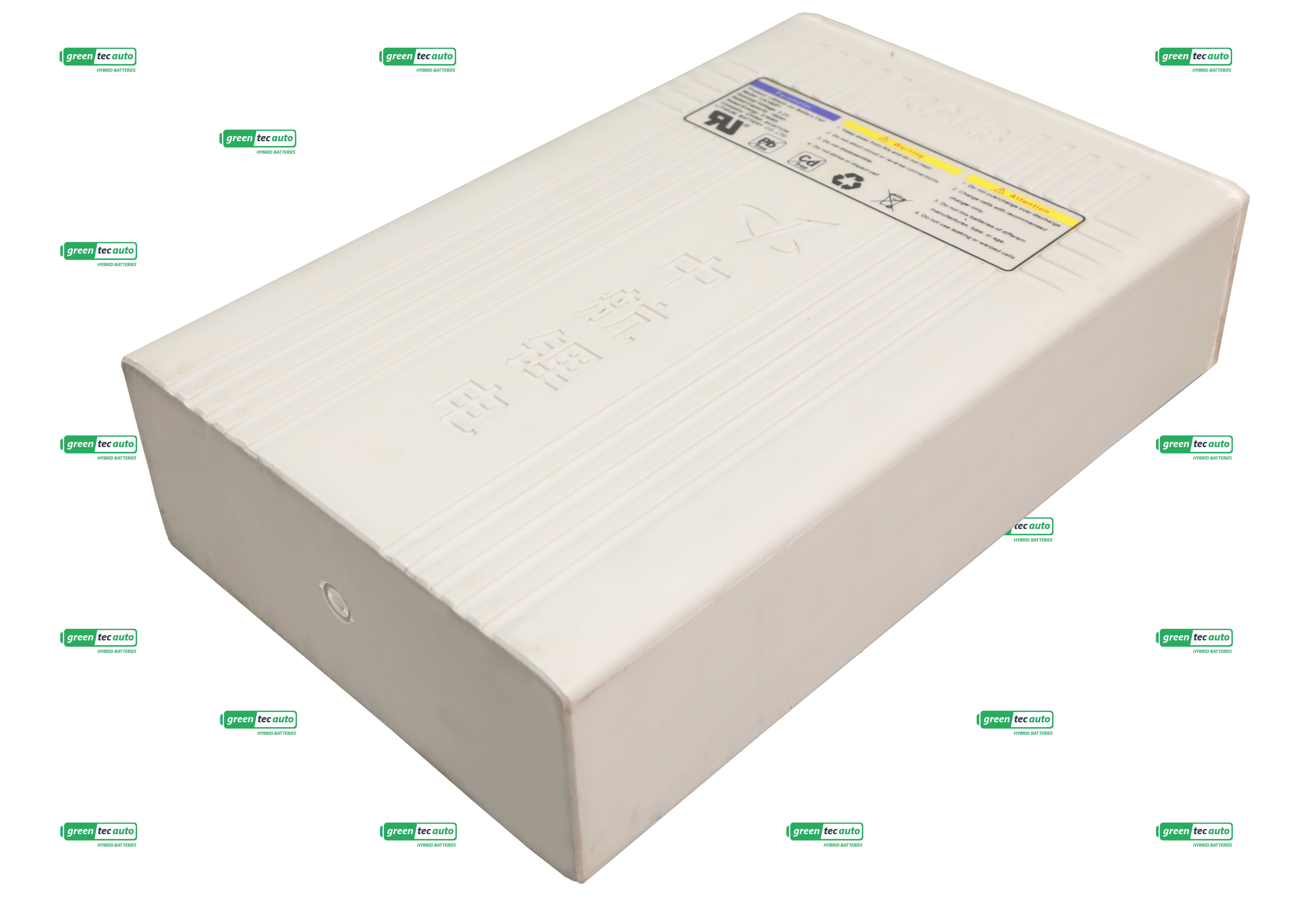 White rectangular battery box angled across the frame with a top safety label and embossed markings on the surface, surrounded by green watermark logos.