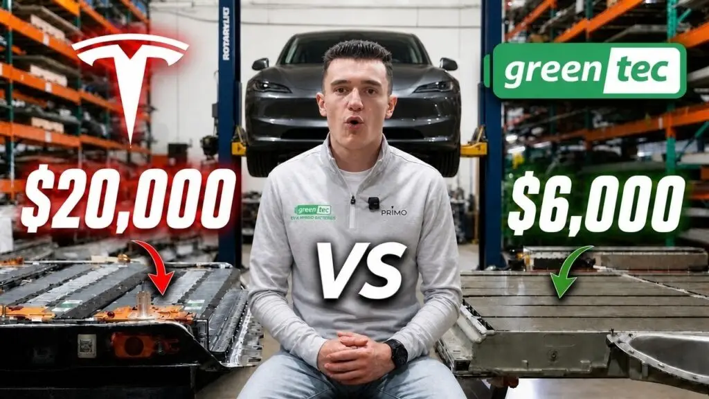 Man in a workshop sits between two battery packs; left shows $20,000 with a red arrow, right shows $6,000 with a green arrow, VS in center.