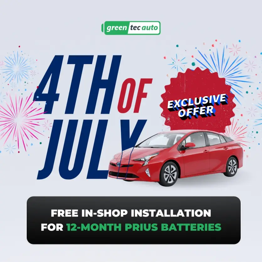 Promotional image: bold '4TH OF JULY' with a red car and 'Exclusive Offer' badge, advertising free in‑shop installation for 12‑month Prius batteries by Green Tec Auto.