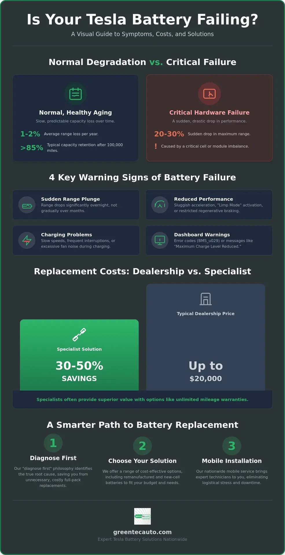 Infographic titled 'Is Your Tesla Battery Failing?' showing Normal Degradation vs. Critical Failure, four warning signs (sudden range plunge, reduced performance, charging problems, dashboard warnings), replacement costs (dealership vs. specialist with 30–50% savings), and a three-step path to battery replacement.