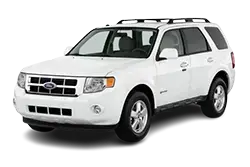 White SUV photographed from a front-left angle, showing a roof rack and four doors.