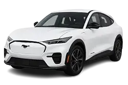 White Ford Mustang Mach-E electric SUV, front three-quarter view.