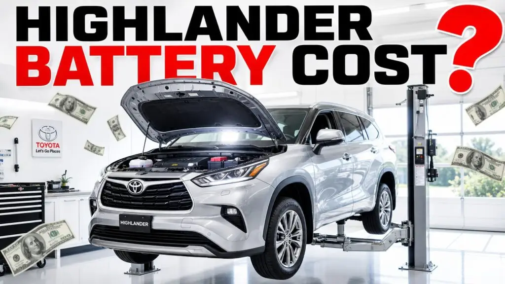 Silver Toyota Highlander on a car lift with hood open in a bright shop, money floating around, 'Highlander Cost?' title overlay.