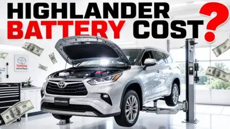 Silver Toyota Highlander on a car lift with hood open in a bright shop, money floating around, 'Highlander Cost?' title overlay.