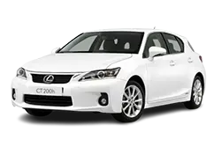 White Lexus CT 200h hatchback in a three-quarter front view