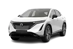 White Nissan SUV shown in a three-quarter front view on a white background with a bold grille and angular headlights.