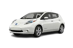 White Nissan Leaf electric car, front three-quarter view on a plain background