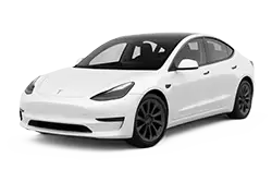 White Tesla Model 3 sedan shown in a front three-quarter view with black wheels and a sleek, modern design.