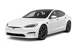 White Tesla Model S sedan, three-quarter view, on a plain white background.