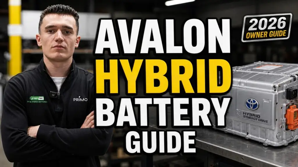 Thumbnail of a technician standing with arms crossed beside bold white and yellow text saying 'Avalon Hybrid Battery Guide' and a Toyota hybrid battery on a workbench in the background.