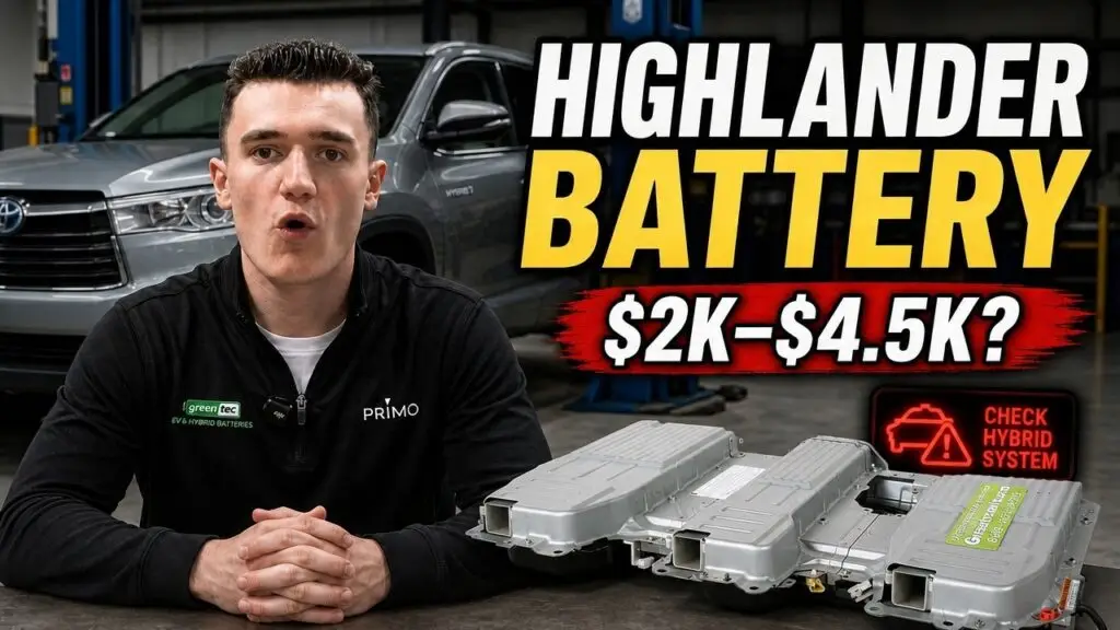Presenter in a workshop sits at a table with two large hybrid battery packs in front, discussing Highlander battery costs ($2K–$4.5K).